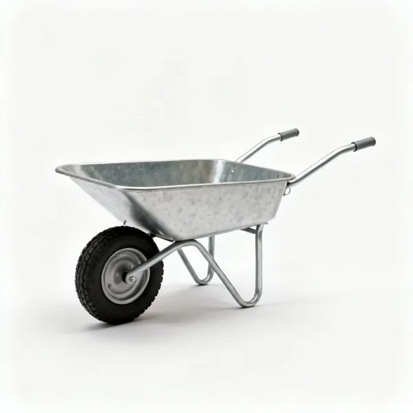 A metal wheelbarrow with a single pneumatic wheel, two tubular handles and two legs
