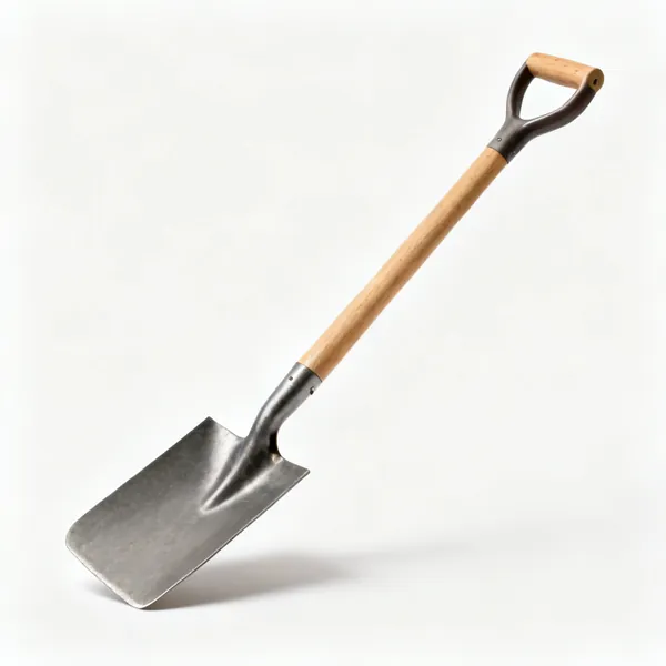 A garden digging spade with a flat rectangular steel blade and a wooden shaft with a D handle
