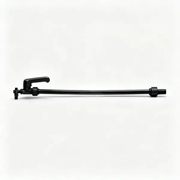 Drip irrigation line: A length of black drip irrigation pipe with small emitters and a connector