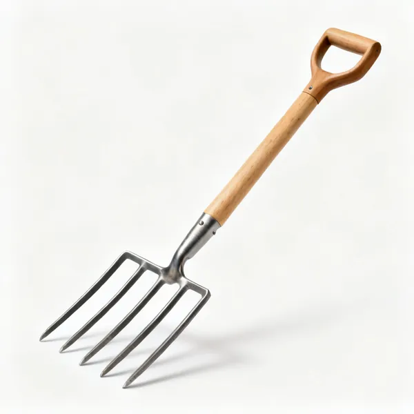 Garden fork: A garden digging fork with four square section steel tines and a wooden shaft with a D handle