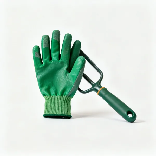 A pair of green gardening gloves with a coated palm and a knitted cuff