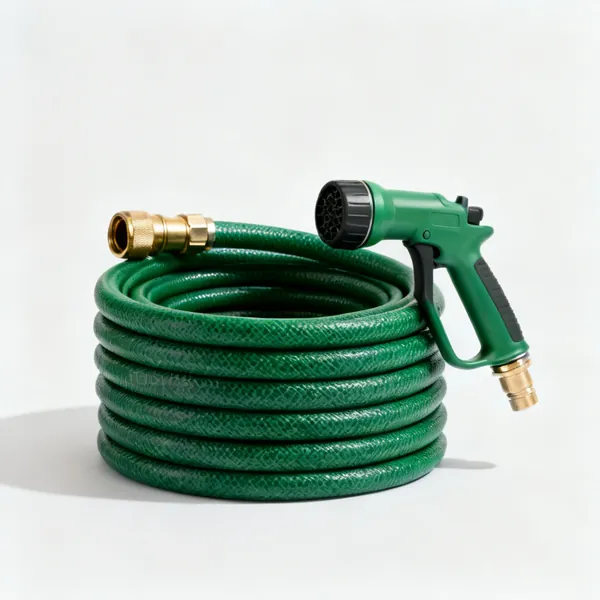 A coiled green garden hose with a brass connector
