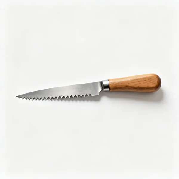 Root ball knife: A serrated root cutting knife with a stiff steel blade and a wooden handle