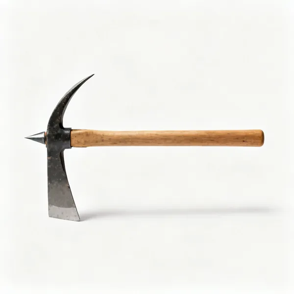 A pick mattock with a broad adze blade one side and a sharp point the other on a wooden handle
