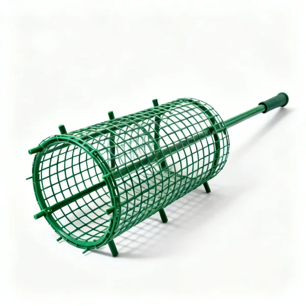 A cylindrical green plastic mesh tree guard with support canes