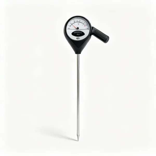 A handheld soil moisture meter with a dial display and a long metal probe