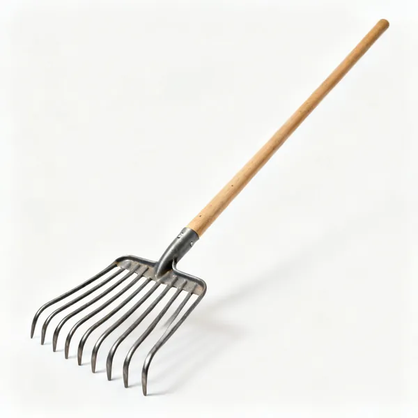 Mulch fork: A muck fork with many long slender curved steel tines and a long wooden shaft