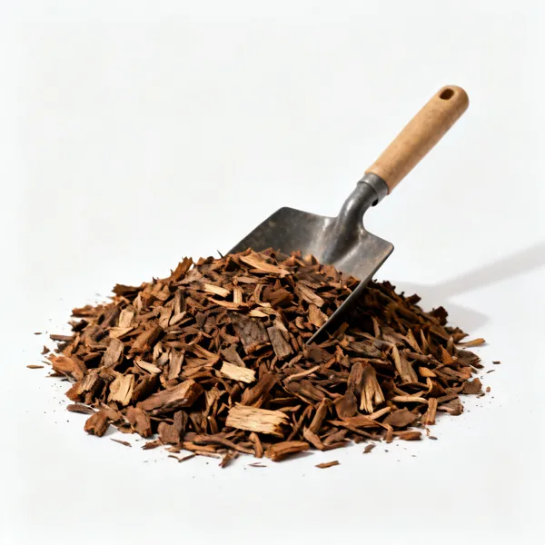 Bark mulch: A pile of coarse bark chip mulch