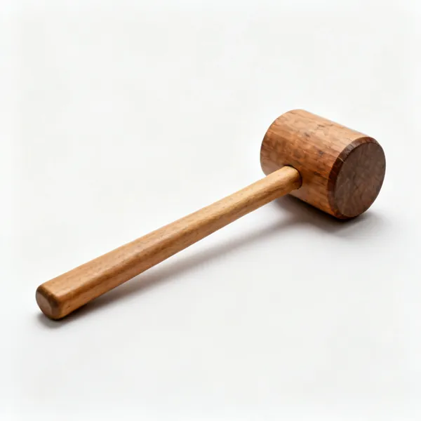 A heavy wooden post mallet with a large cylindrical head and a long handle