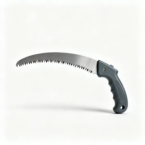 A curved root saw with coarse aggressive teeth and a moulded plastic handle
