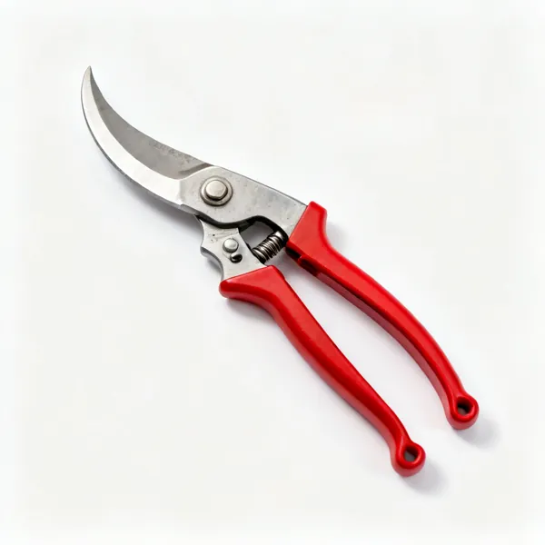 A pair of bypass secateurs with a curved steel blade, red handles and a locking catch