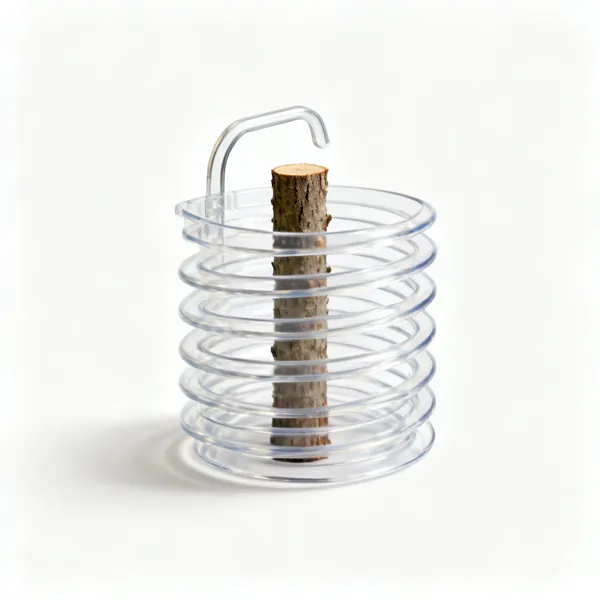 A clear plastic spiral tree guard coiled around a thin trunk section