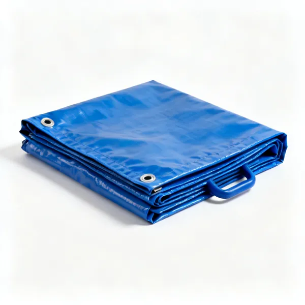Spoil sheet: A folded blue polypropylene tarpaulin sheet with reinforced eyelets