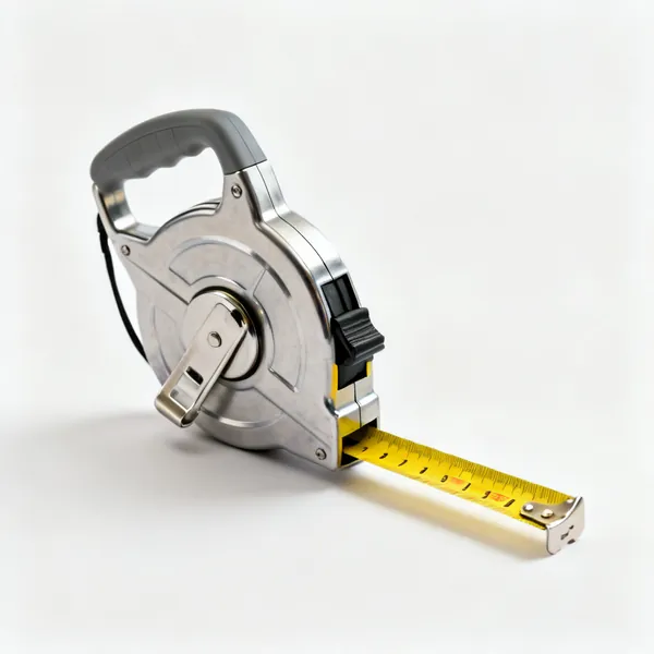 A retractable steel tape measure with a yellow blade and a belt clip
