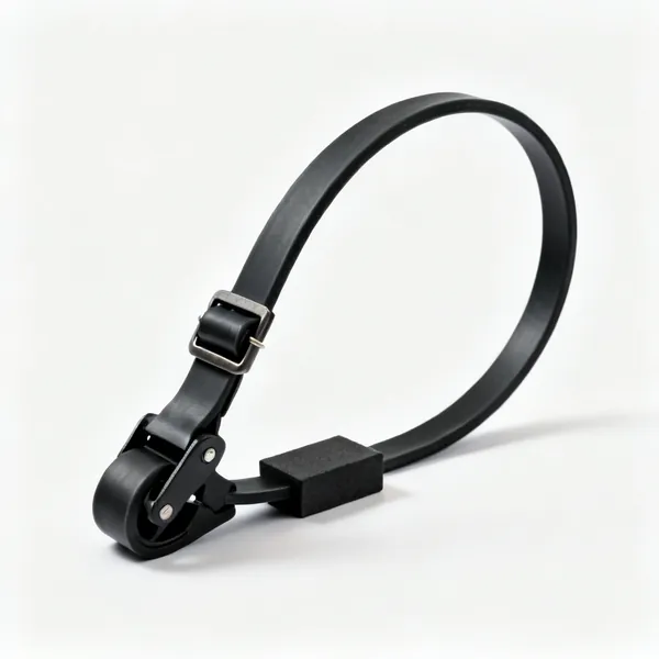 Tree tie with spacer: A black rubber tree tie strap with a buckle and a spacer block