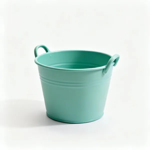 A single small round flexible plastic garden trug tub with two moulded side handles, empty