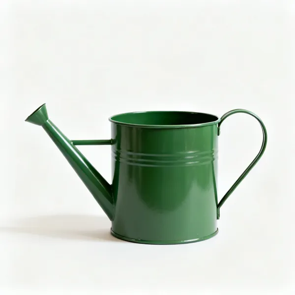 Large watering can: A large green metal watering can with a long spout and a curved handle