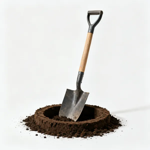 Watering basin ring: A garden spade standing upright in soil beside a shallow circular soil ring