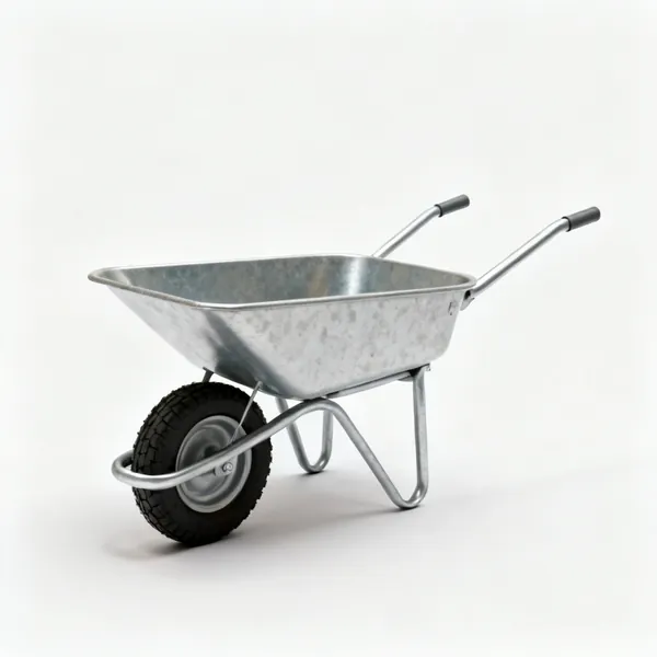 A metal wheelbarrow with a single pneumatic wheel, two tubular handles and two legs
