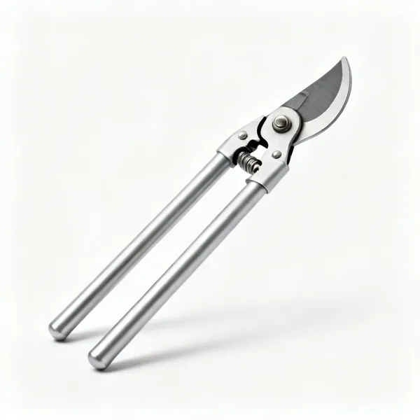A pair of bypass loppers with two long tubular handles and a curved cutting head