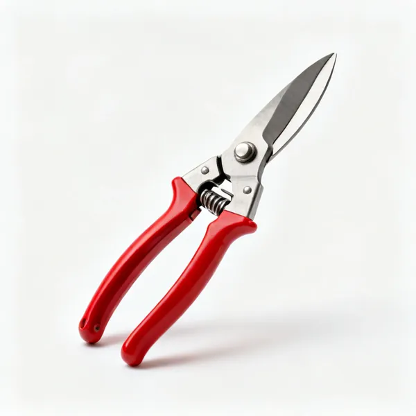 A pair of bypass secateurs with a curved steel blade, red handles and a locking catch