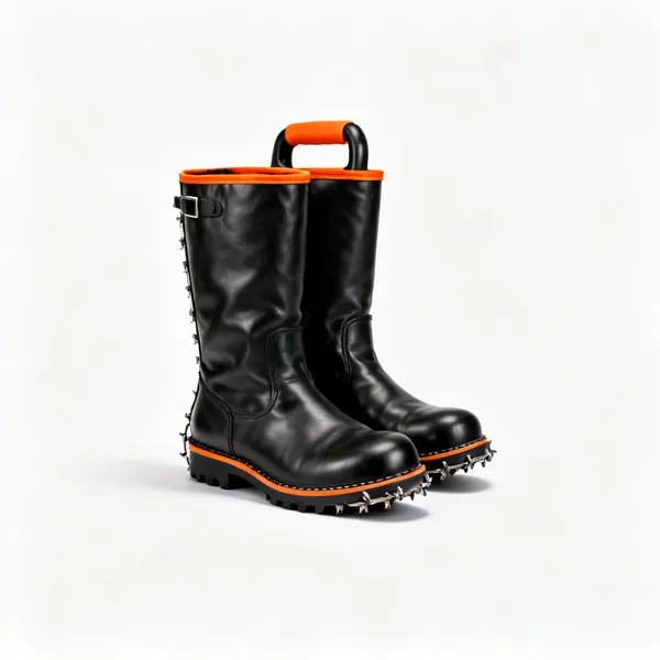 Chainsaw boots: A pair of black leather chainsaw protective boots with orange trim