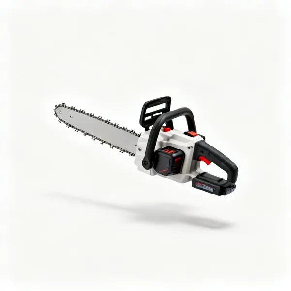 A cordless chainsaw with a bar and chain, rear handle and a battery