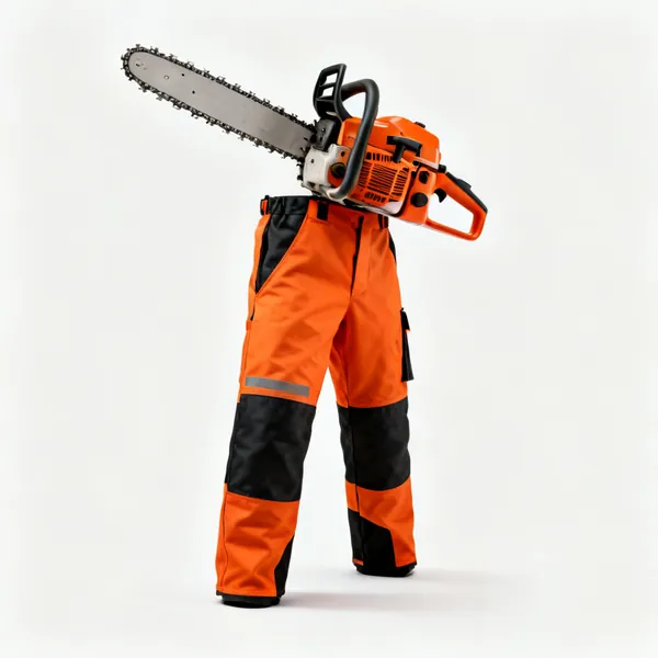 Chainsaw trousers: A pair of orange and black chainsaw protective trousers