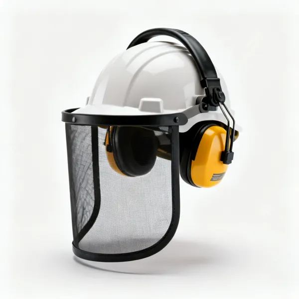A forestry safety helmet with an integrated mesh face visor and ear defenders