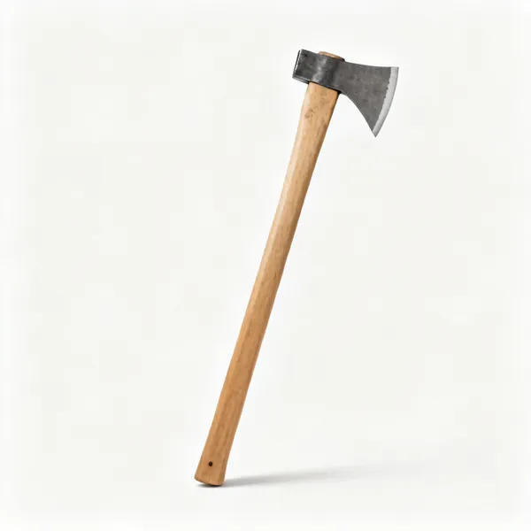 A felling axe with a long straight wooden handle and a thin sharp steel head