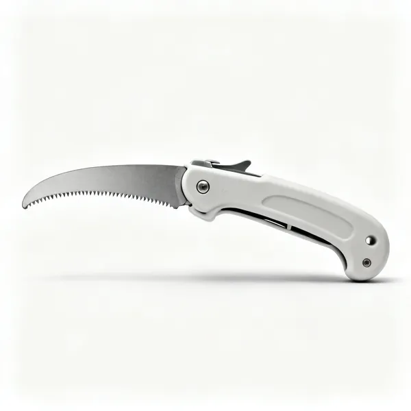 A folding pruning saw with a curved blade folded into a moulded plastic handle