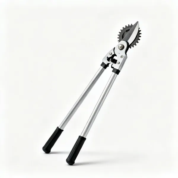 Geared loppers: A pair of geared bypass loppers with long handles and a compound gear mechanism at the head