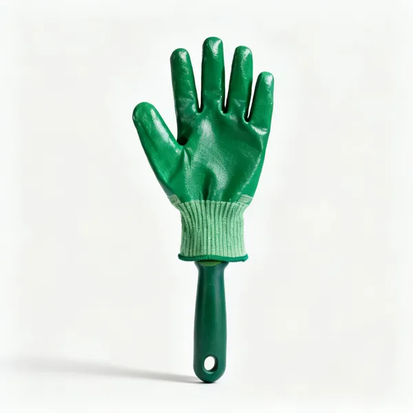 A pair of green gardening gloves with a coated palm and a knitted cuff