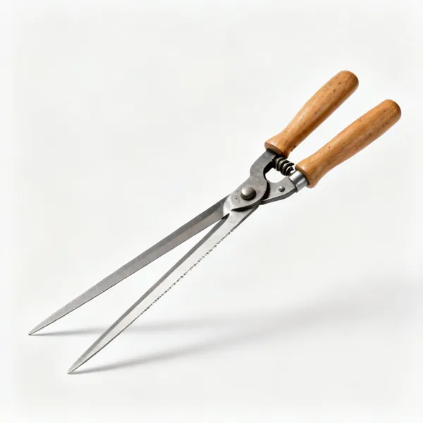 A pair of hedge shears with two long straight blades and wooden handles