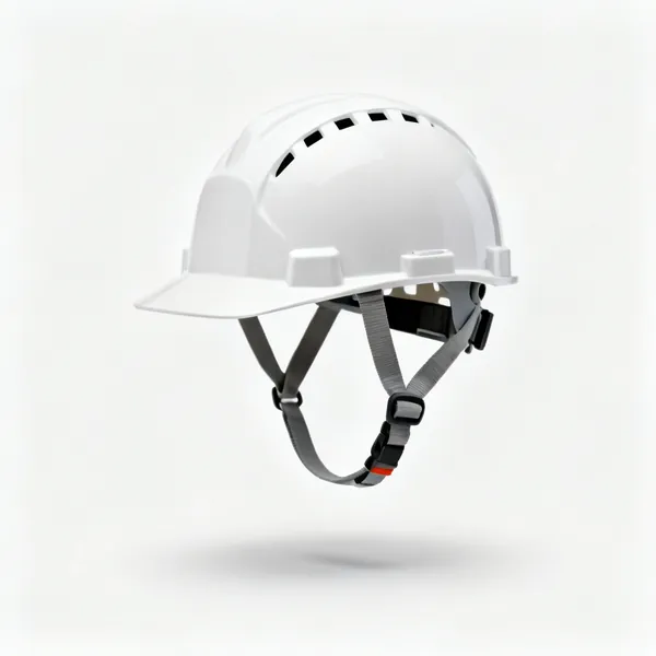 Hard hat: A white safety helmet with a chinstrap and ventilation slots