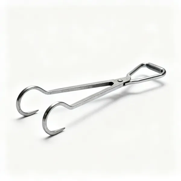 Log tongs: A pair of steel log lifting tongs with two curved hooked arms and a handle
