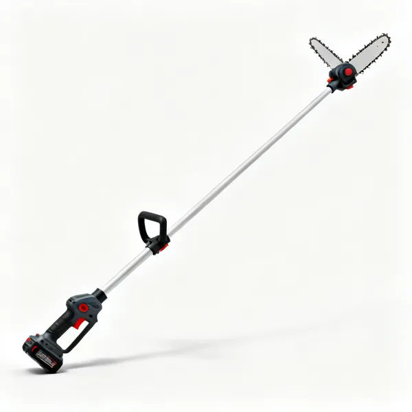 A cordless pole chainsaw with a small bar and chain on a long extending pole