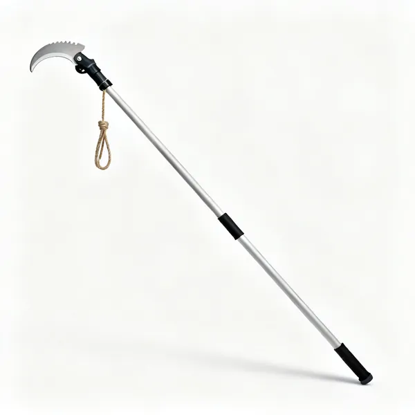 A pole lopper with a hooked cutting head, pull rope and a long telescopic pole