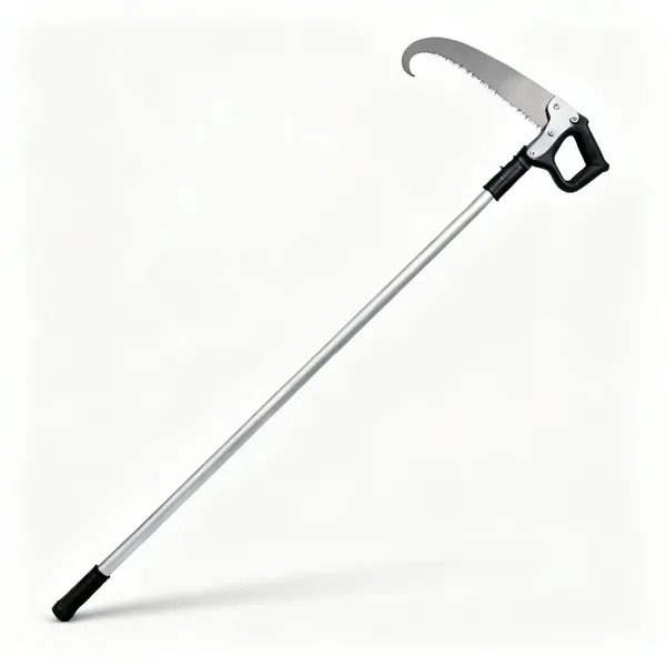 Pole saw: A pole pruning saw with a curved hooked blade on a long telescopic aluminium pole