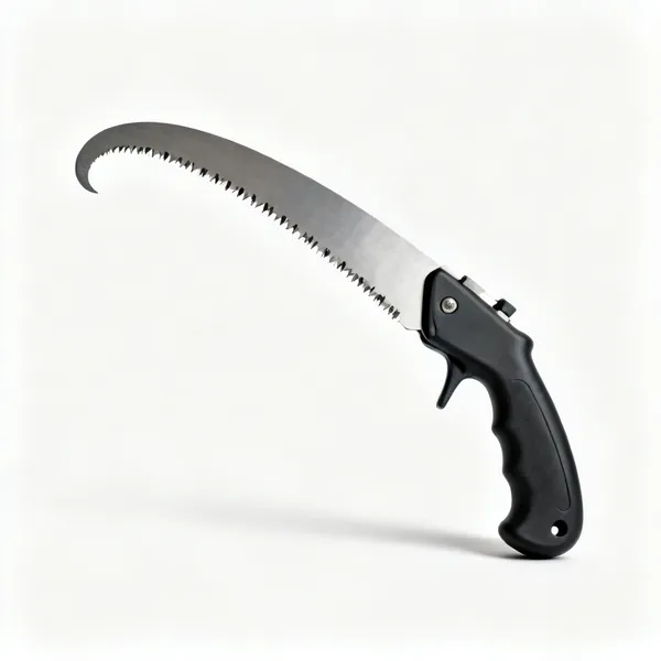 A curved pruning saw with a hooked blade, coarse teeth and a moulded pistol grip handle