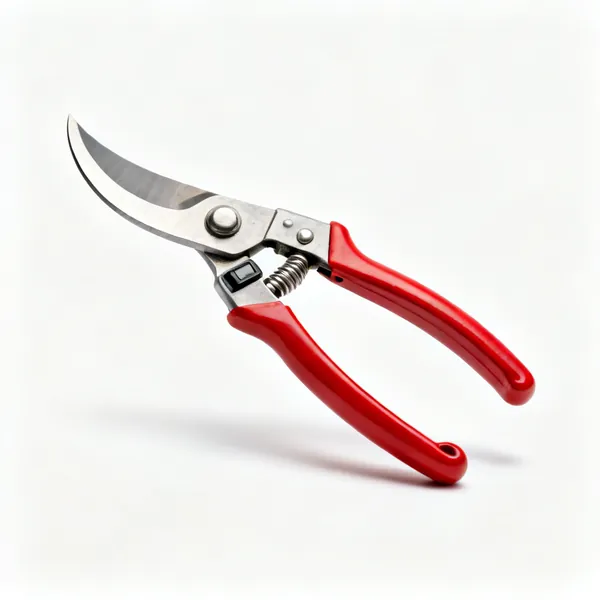 A pair of bypass secateurs with a curved steel blade, red handles and a locking catch