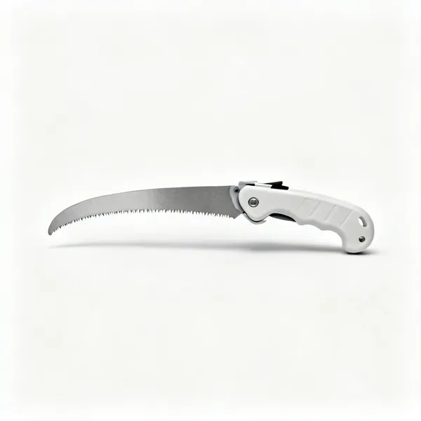 A folding pruning saw with a curved blade folded into a moulded plastic handle