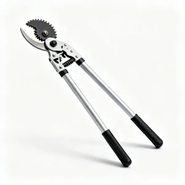 Geared loppers: A pair of geared bypass loppers with long handles and a compound gear mechanism at the head