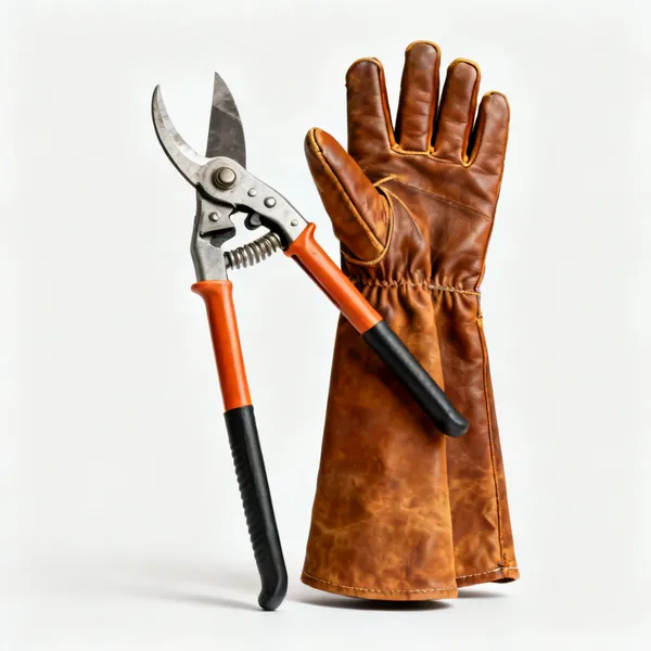 Pruning gloves: A pair of long cuffed leather pruning gauntlet gloves