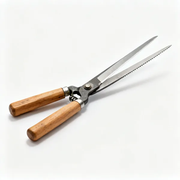 A pair of hedge shears with two long straight blades and wooden handles