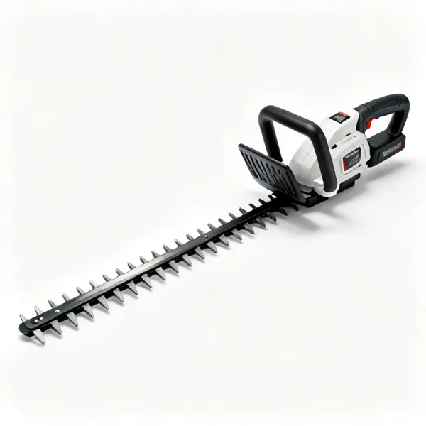 Powered hedge trimmer: A cordless hedge trimmer with a long toothed blade bar, guard and two handles