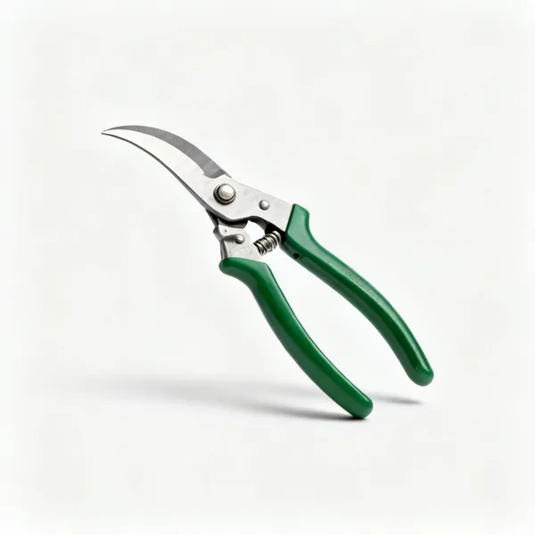 Left handed secateurs: A pair of left handed bypass secateurs with a curved blade and green handles
