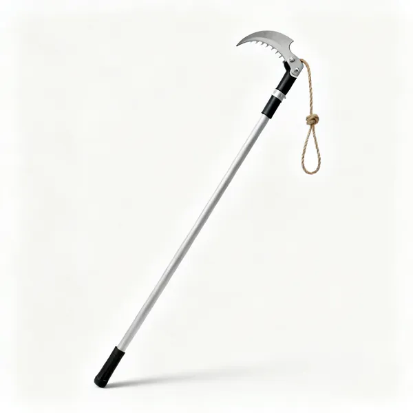 Pole pruner: A pole lopper with a hooked cutting head, pull rope and a long telescopic pole