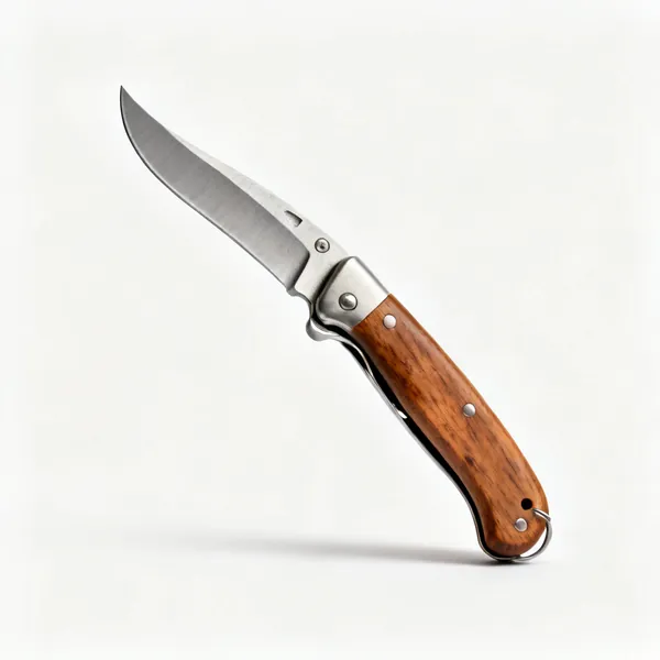 A folding pruning knife with a curved single bevel steel blade and a wooden handle