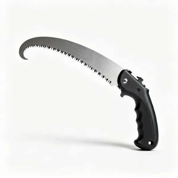 Fixed pruning saw: A curved pruning saw with a hooked blade, coarse teeth and a moulded pistol grip handle